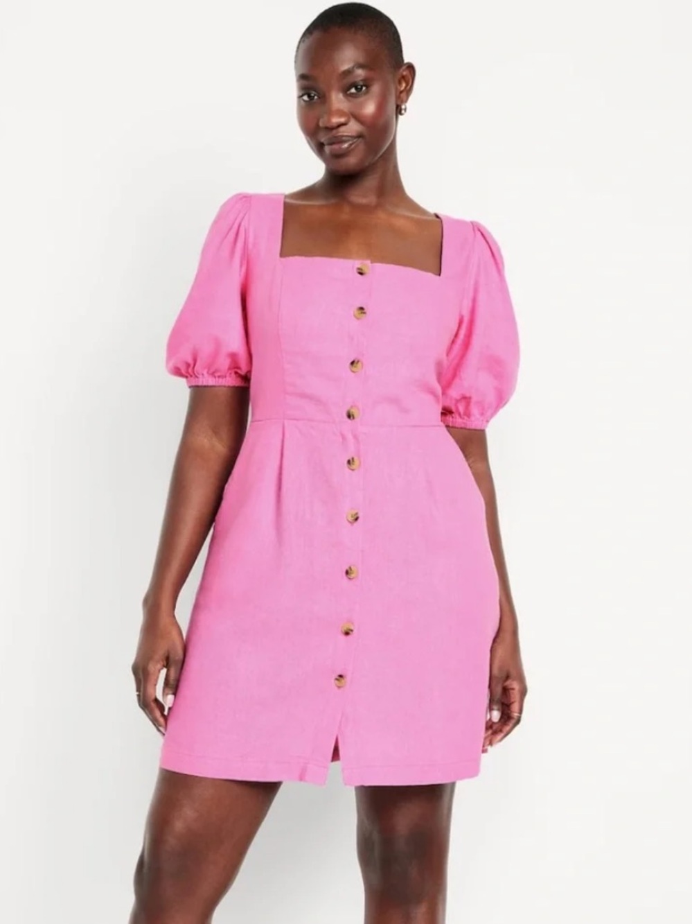 Old Navy Pink Button Front Puff-Sleeve Square-Neck Mini Dress Large NWT